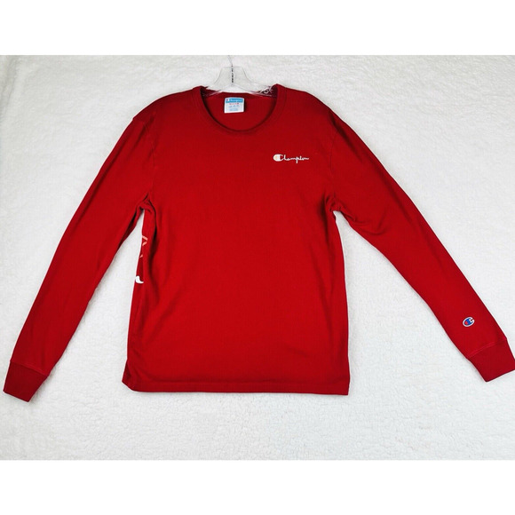 Champion Women's Tee Cotton Boyfriend Long-Sleeve Top Red Medium Back Logo - Picture 1 of 8